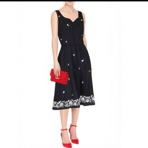 PARAPHRASE Linen Blend Black Fit Flare Dress Midi Embroidered Floral Size 6
